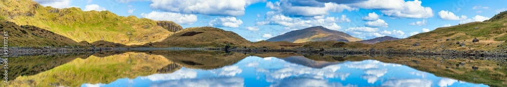 Llyn Llydaw panorama with reflection in Snowdonia. Wales