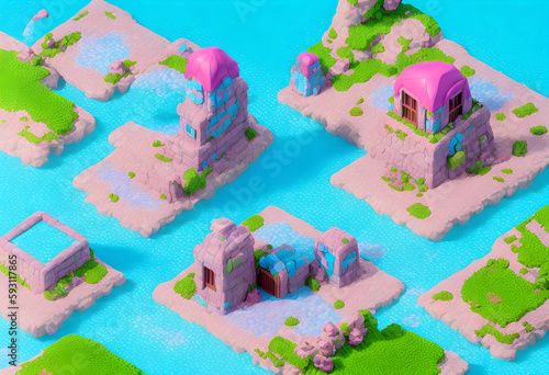 Wonderful Dream Lands Environment. Cute Graphics. Isometric Persperctive. Content for RPG and Indie Games- (AI) photo