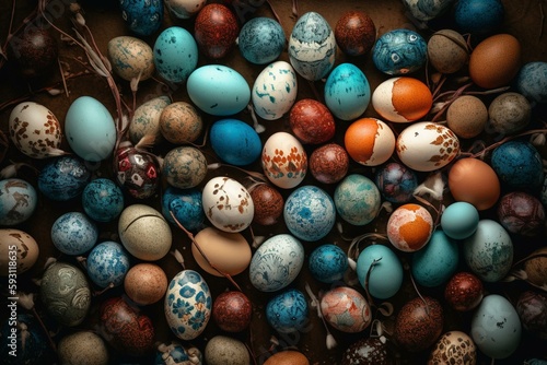 Easter top view background ,Holiday background with painted eggs . Generative AI
