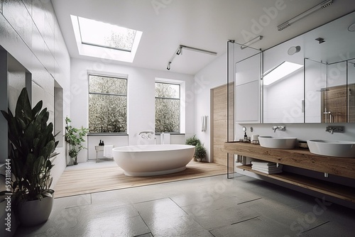 Draft in whole white  with a contemporary  artistic bathroom  and an open area with parquet and a concrete floor. Roof beams  a shower  a bathtub  and a seating area for relaxation. Generative AI