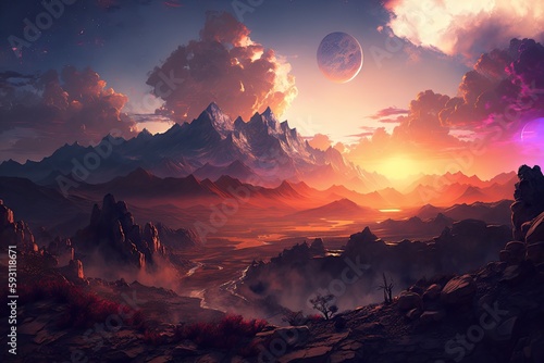 sunrise over imposing mountains  with clouds covering the ground and a dazzling sky in the distance. Generative AI