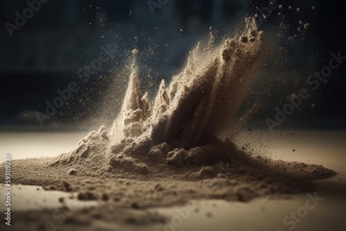 Throwing stop motion item design in freeze frame with sand flying explosion over a gloomy backdrop. Generative AI