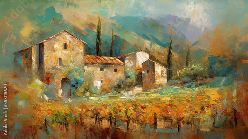 Vineyard charm, mediterranean landscape with farm in mountains, AI generative illustration