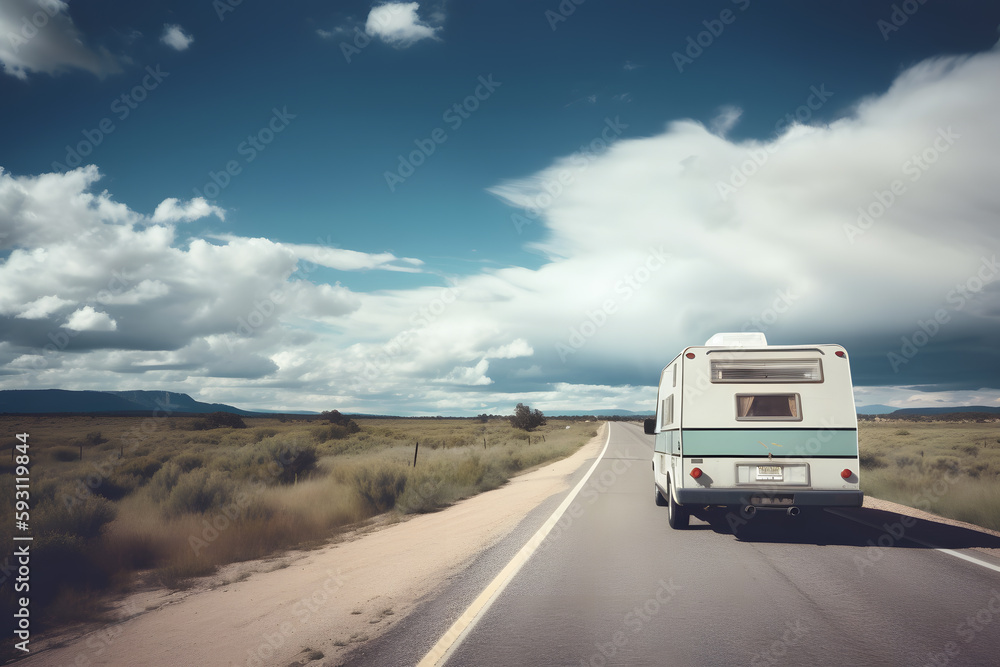 RV caravan camper adventures on the road trip. Generative AI
