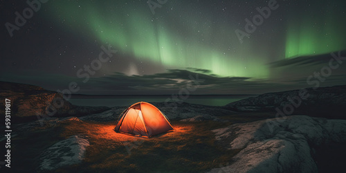 tent camping in the wilderness with the aurora borealis in the night sky 