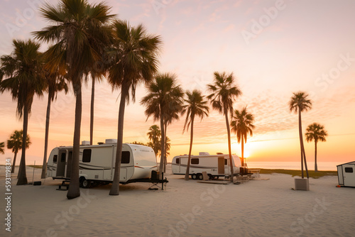 RV caravan camper at campground during sunset. Generative AI