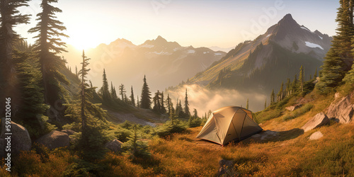 Summer tent camping in  the Pacific Northwest Mountains Early morning sunrise  © meredith blaché 