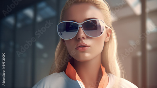 Close up fashion portrait of woman wearing trendy glasses. Generative AI.