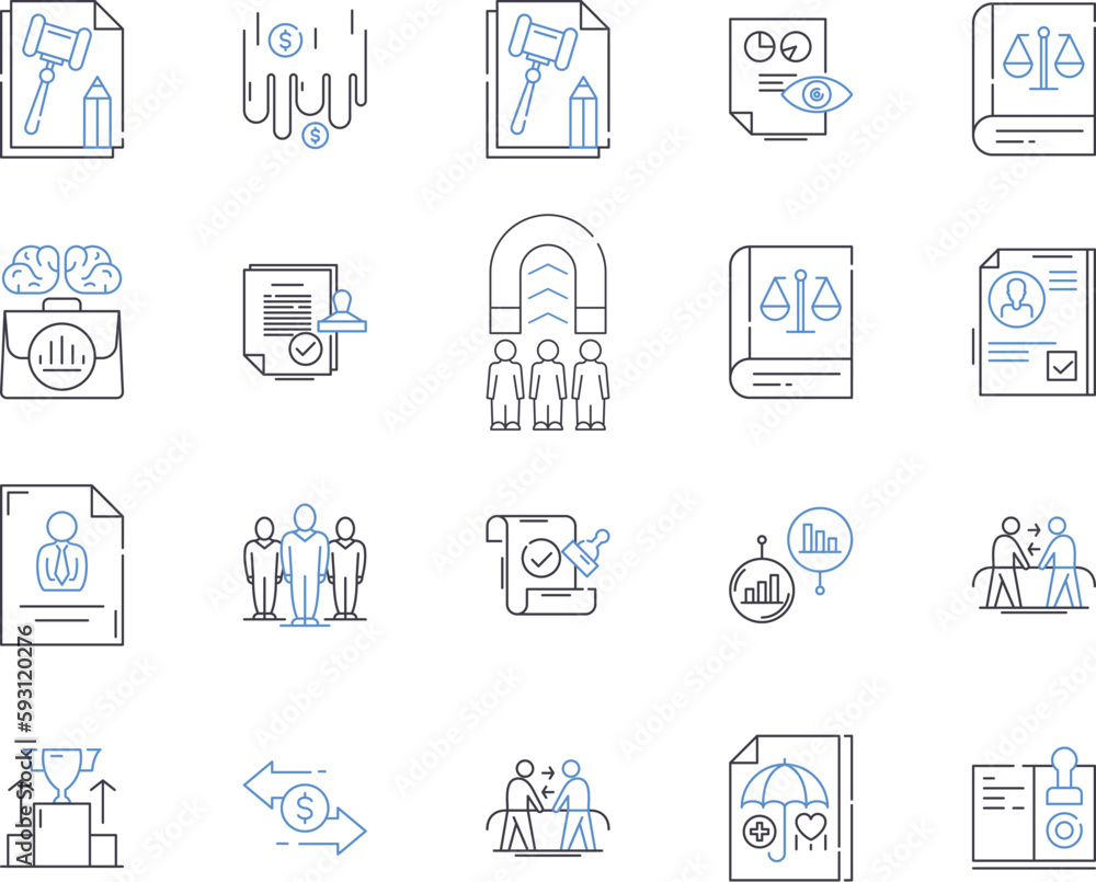 International law outline icons collection. International, law, treaties, sovereignty, nationality, jurisdiction, boundaries vector and illustration concept set. trade, maritime, arbitration linear