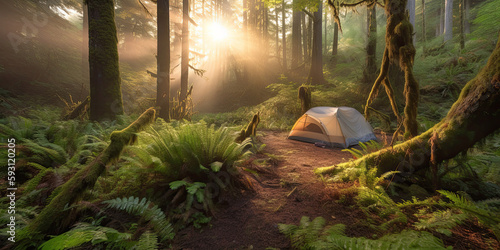 Summer tent camping in  the Pacific Northwest Mountains Early morning sunrise 