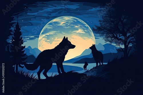 two wolves silhouetted against a full moon. Generative AI