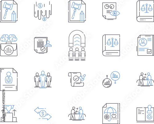 International law outline icons collection. International, law, treaties, sovereignty, nationality, jurisdiction, boundaries vector and illustration concept set. trade, maritime, arbitration linear