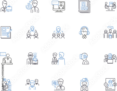 Job searching outline icons collection. Job hunting, Recruiting, Applying, Interviewing, Networking, Contracting, Prospecting vector and illustration concept set. Hiring, Resuming, Posting linear
