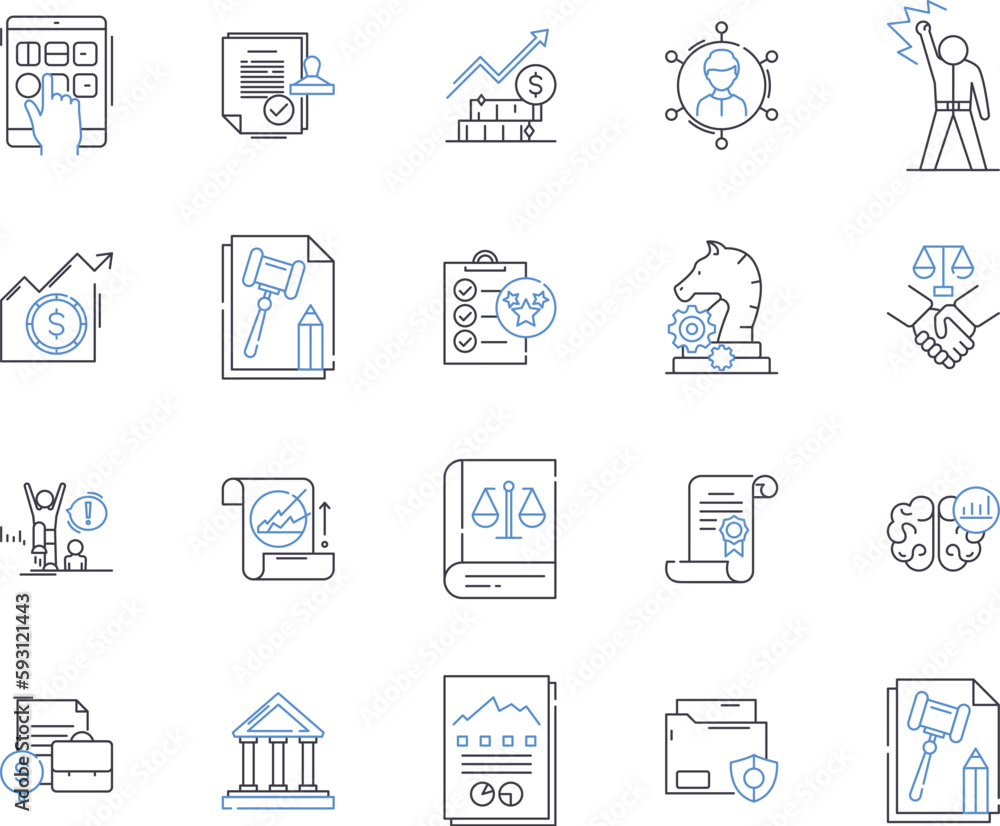 Attorney agency outline icons collection. Lawyer, Attorney, Legal, Firm, Practice, Counsel, Representation vector and illustration concept set. Law, Litigation, Services linear signs Attorney agency outline icons collection. Lawyer, Attorney, Legal, Firm, Practice, Counsel, Representation vector and illustration concept set. Law, Litigation, Services linear signs