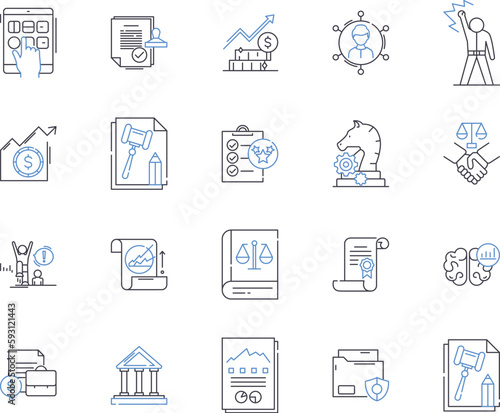 Attorney agency outline icons collection. Lawyer, Attorney, Legal, Firm, Practice, Counsel, Representation vector and illustration concept set. Law, Litigation, Services linear signs