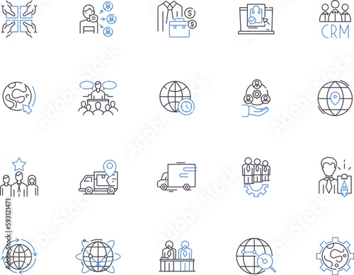 International business outline icons collection. Global, Trade, Export, Import, Cross-border, Outsourcing, Foreign vector and illustration concept set. Partnership, Investment, Marketing linear signs