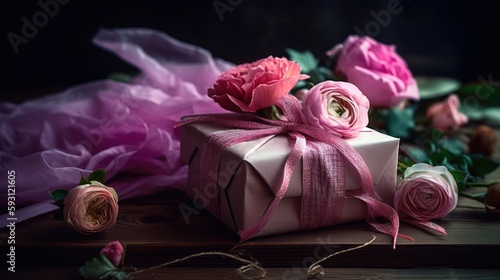 Pink Gift Wrapped in Ribbons for Special Occasions. Mothers Day. Valentines Day.