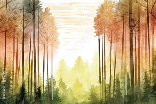 Illustration in watercolor of a forest with fir and pine trees set against a natural, abstract backdrop. Generative AI