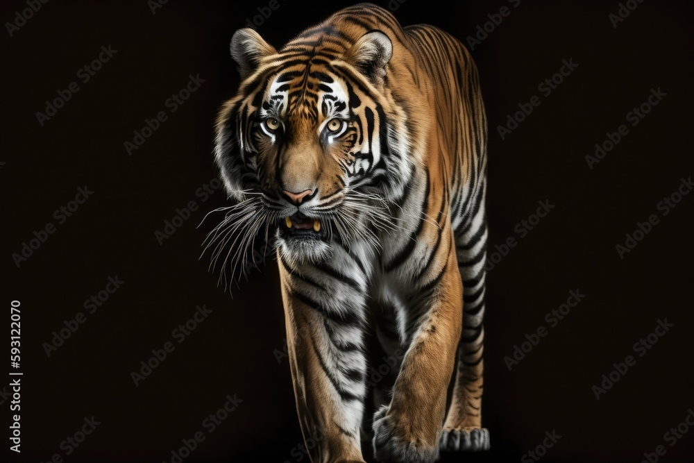 Sumatran tiger's front view, isolated against a dark background. Imagination of a Sumatran tiger (Panthera tigris sumatrae). Generative AI