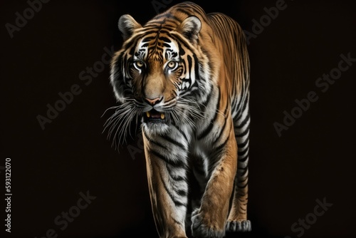 Sumatran tiger s front view  isolated against a dark background. Imagination of a Sumatran tiger  Panthera tigris sumatrae . Generative AI