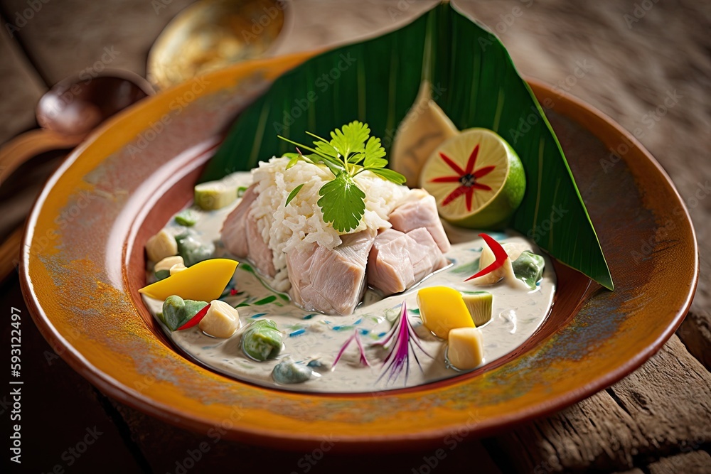 Delicious fresh poisson cru served in coconut, row tuna marinated in coconut milk and lime juice, traditional dish of Tahiti, Bora Bora, French Polynesia. Generative AI - obrazy, fototapety, plakaty 