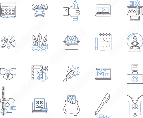 DIY projects outline icons collection. Crafts, Modelling, Building, Decorating, Restoring, Painting, Drawing vector and illustration concept set. Upcycling, Sewing, Knitting linear signs