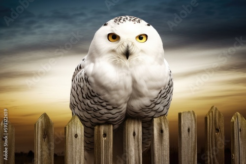 On top of a fence post, a snowy owl. Generative AI photo