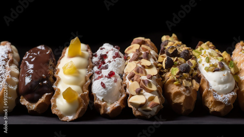 Row of Sicilian canolli with different fillings, traditional dessert, AI generative photo
