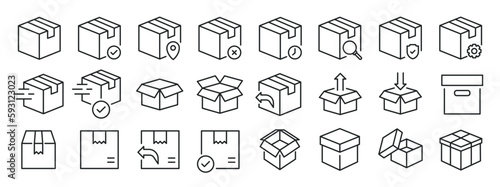 Package, box, cardboard, delivery, parcel thin line icons. Editable stroke. For website marketing design, logo, app, template, ui, etc. Vector illustration.