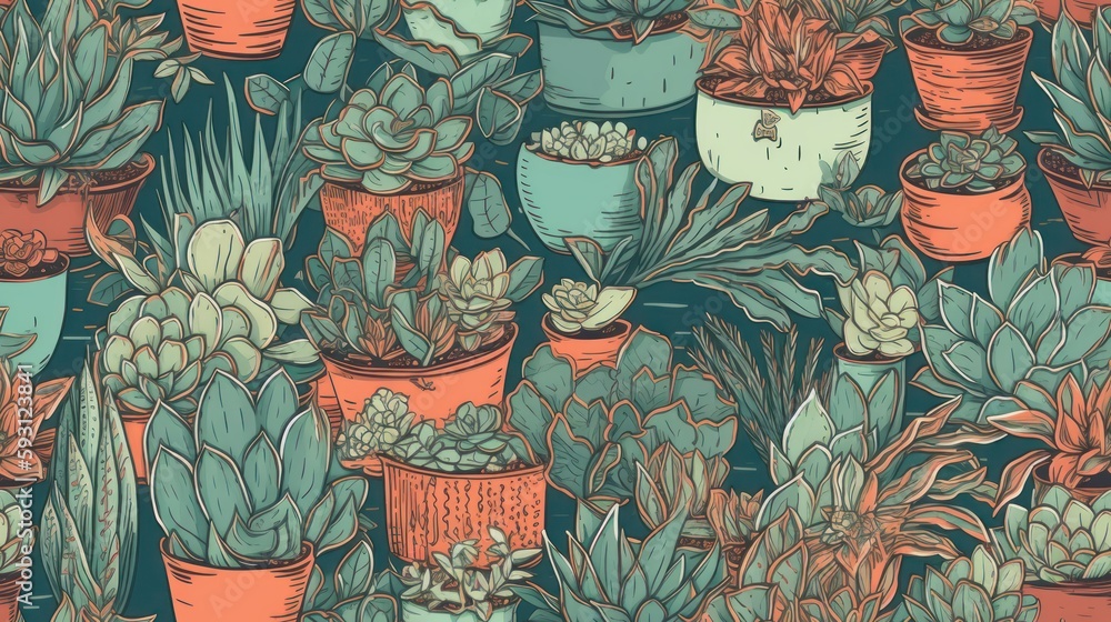 Seamless Cute and Colorful Succulent Clipart Pattern
