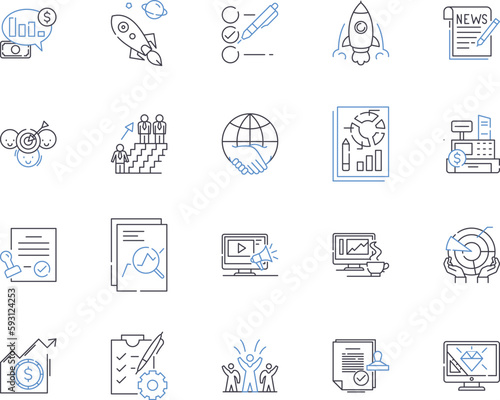 Business planning outline icons collection. Planning, Business, Strategies, Goals, Financial, Development, Analysis vector and illustration concept set. Marketing, Objectives, Actions linear signs