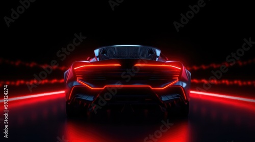 Virtual car tail light neon color on black background. Car technology of future concept. Generative AI.