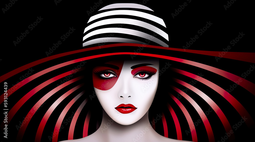 Gorgeous female model wearing a stylish stripy hat against a matching background, with red, white and black colors, AI generative Gorgeous female model wearing a stylish stripy hat against a matching background, with red, white and black colors, AI generative