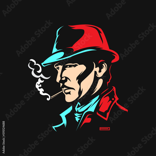 vector of a man in a hat smoking a cigar. Retro style vector illustration of noir man. silhouette with color combination on the design