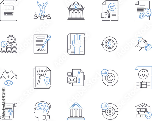 International law outline icons collection. International, law, treaties, sovereignty, nationality, jurisdiction, boundaries vector and illustration concept set. trade, maritime, arbitration linear