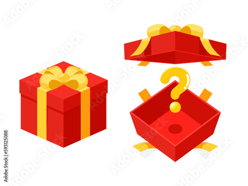Open and close a mystery Red gift box with a yellow ribbon on isolated white background. Random secret loot box isometric concept. Vector illustration cartoon flat design.