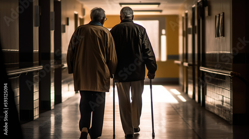 Elderly person using a walking aid with a relative, caregiver in a hospital hallway, AI generative photorealistic illustration