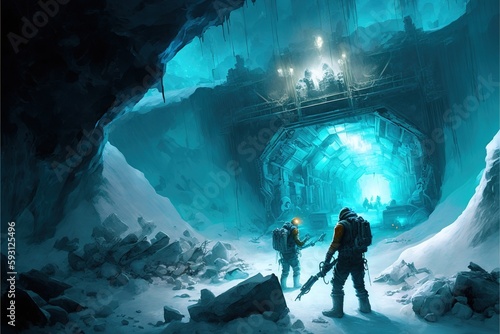 Ice cave exploration in with futuristic sci-fi pioneer explorer found anomaly or archaeological site inside crystal blue icy cavern. Science fiction discovery concept. Superb Generative AI. photo