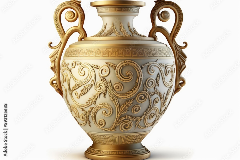 Greek wine jar from antiquity with meandering design and adornment, isolated on white. Generative AI