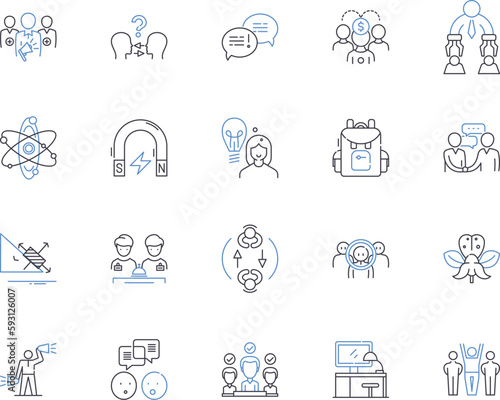 Mentorship and coaching outline icons collection. Mentorship, Coaching, Guidance, Development, Support, Training, Education vector and illustration concept set. Advice, Encouragement, Relationship