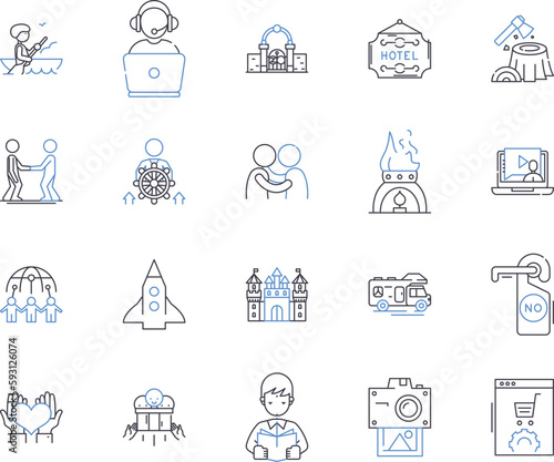 Travel agency outline icons collection. Travel, Agency, Tour, Vacation, Trip, Holiday, Explore vector and illustration concept set. Sightseeing, Package, Leisure linear signs