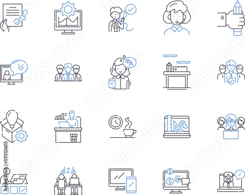 Remote business outline icons collection. Remote, Business, Work, Collaboration, Telecommuting, Communication, Digital vector and illustration concept set. Virtual, Technologies, Remotely linear signs