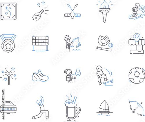 Weekends and sport outline icons collection. Weekend, Sport, Recreation, Leisure, Play, Games, Athletics vector and illustration concept set. Activities, Outdoors, Hunt linear signs