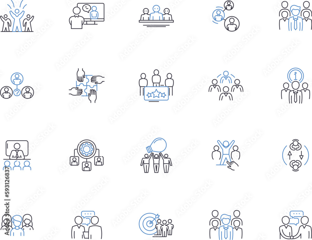 Corporative people outline icons collection. Corp, People, Employees, Colleagues, Executives, Managers, Professionals vector and illustration concept set. Workers, Teams, Departmental linear signs