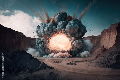explosive explosion at a quarry mine with open pit mining. Generative AI photo