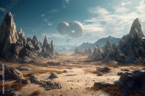 3D rendered fantasy alien planet. Rocks and sky. Generative AI © Landon