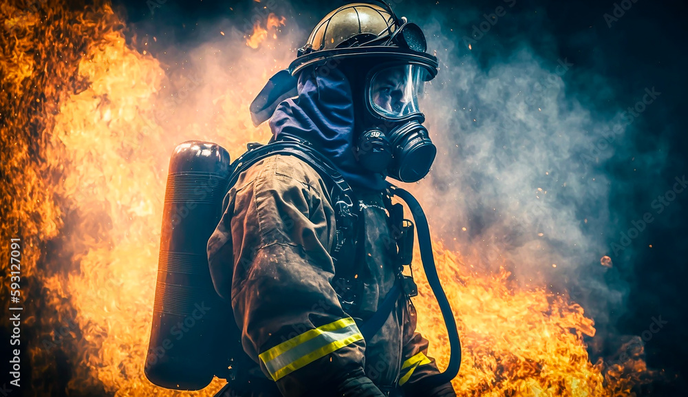 Fireman using water and extinguisher to fighting with fire flame wearing suit for safety, generative ai. Fireman using water and extinguisher to fighting with fire flame wearing suit for safety, generative ai.