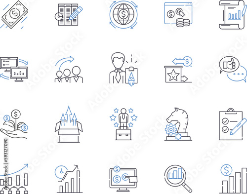 Business evaluation outline icons collection. Business, Evaluation, Rating, Analysis, Assess, Measure, Investigate vector and illustration concept set. Review, Examine, Appraise linear signs