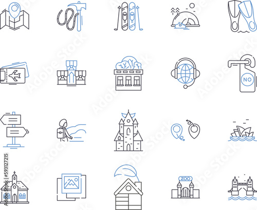 Holiday company outline icons collection. Vacation, Tour, Travel, Holiday, Trip, Package, Resort vector and illustration concept set. Offers, Getaway, Adventure linear signs
