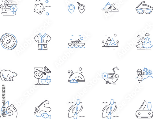 Outdoor trip outline icons collection. Hiking, Trekking, Camping, Climbing, Backpacking, Kayaking, Abseiling vector and illustration concept set. Canoeing, Rafting, Canyoning linear signs